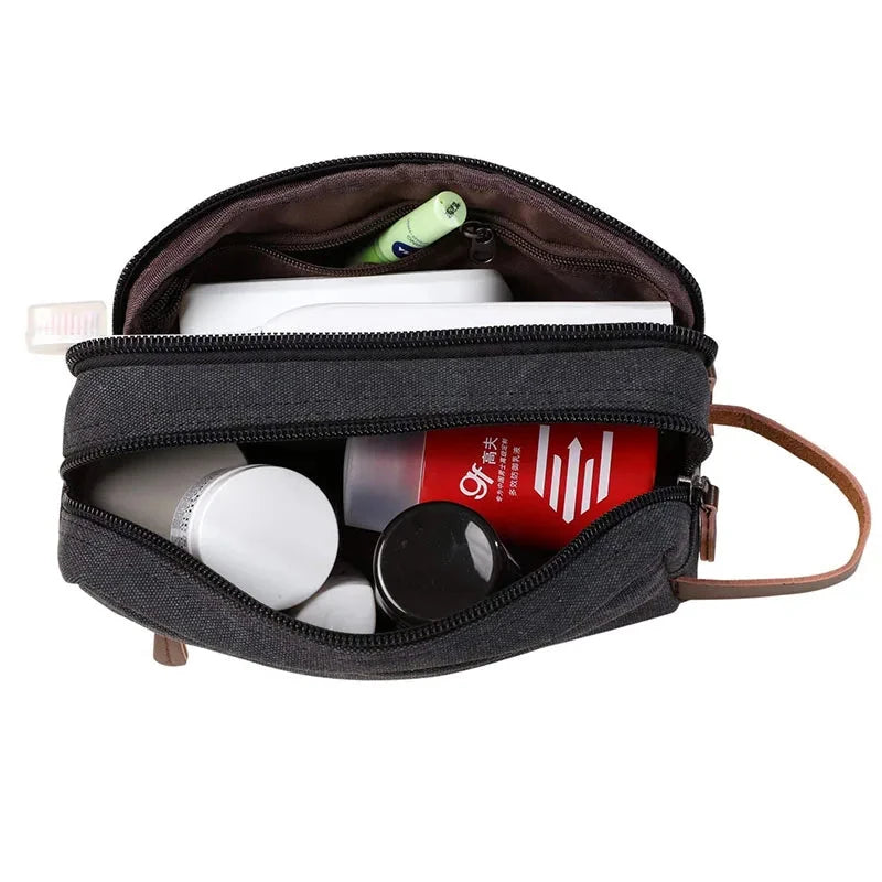 trousse toilette double compartiment en toile vintage