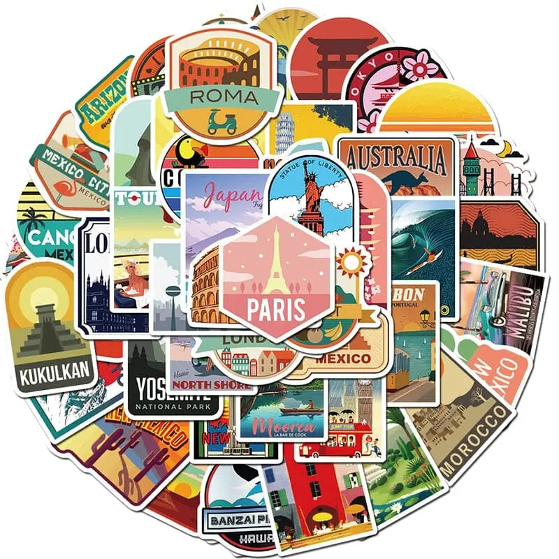autocollant valise destinations pack de 50