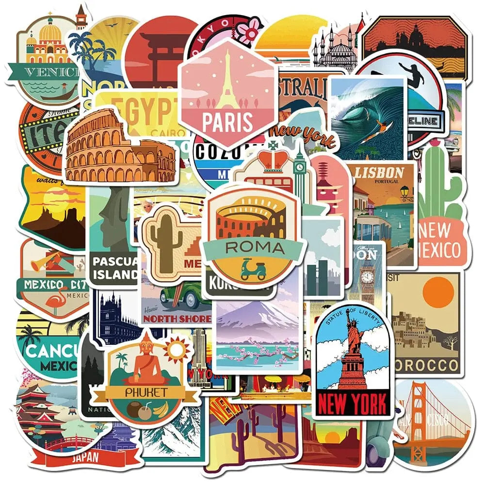 autocollants valise destinations pack de 50