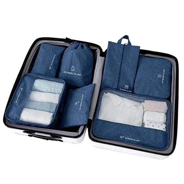 organisateur de valise bleu marine to travel to live set de 7