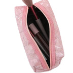 trousse de maquillage motif dentelle rose