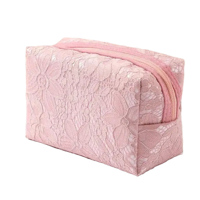 trousse maquillage motif dentelle rose