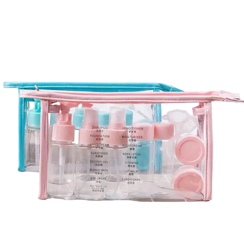 trousse de toilette transparente kit avion cabine complet 7 flacons